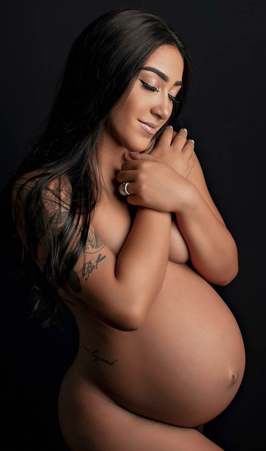 dark hair, pregnant belly