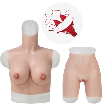 C Cup Silicone Breast Forms + Fake Vagina Pant with Anal Hole + High Red Bikini