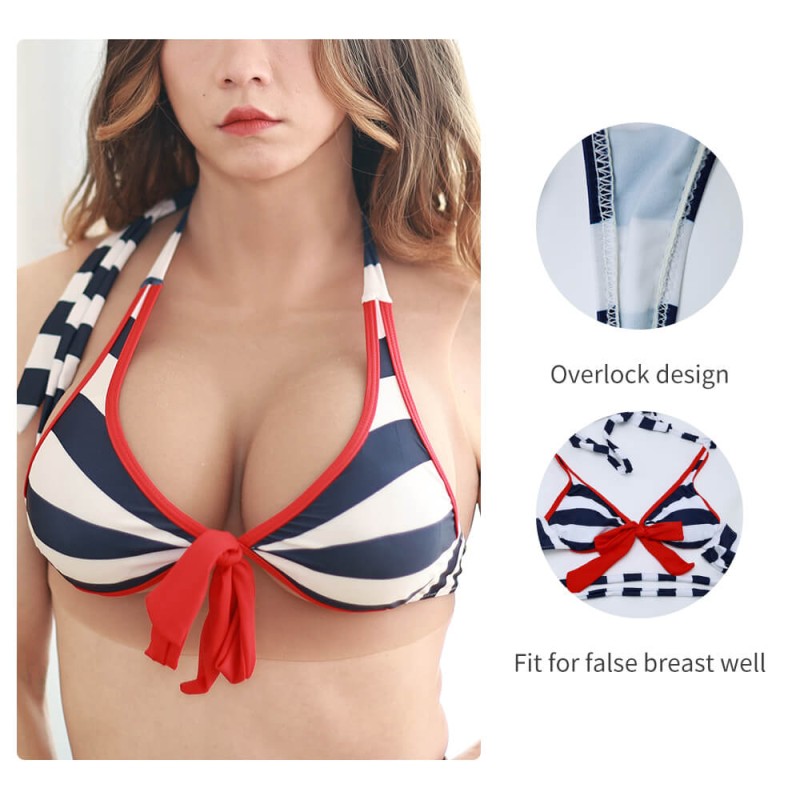 H Cup Bodysuit with Arms + May Realistic Silicone Mask + Large Silicone Hip Pads + Dark Blue Striped Knotted Halter Nautical Bikini