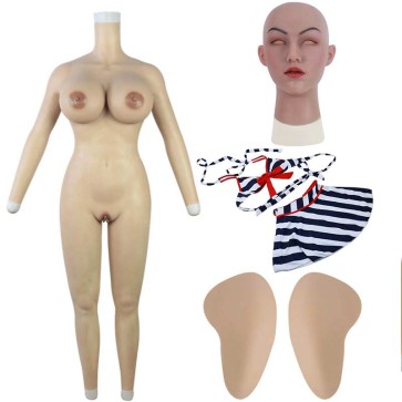 H Cup Bodysuit with Arms + May Realistic Silicone Mask + Large Silicone Hip Pads + Dark Blue Striped Knotted Halter Nautical Bikini