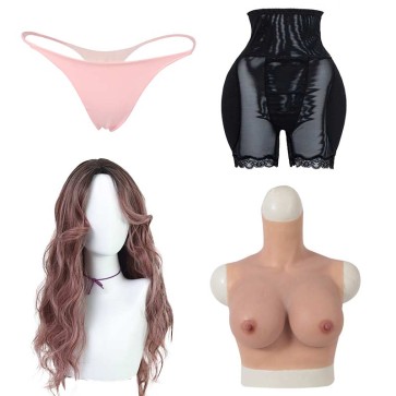 Curly long wig-JF005  + D Cup Silicone Breast Forms + Transgender Crossdresser Thong Underwear + High Waisted Underwear Body Shaper