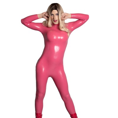 Pink Neck Entry Silicone Catsuit Without Zippers